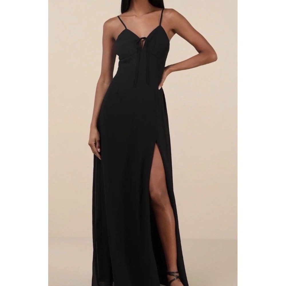 Lulus Black‎ Maxi Dress Long Chiffon V-Neck with tie Sleeveless Side Slit  L NWT